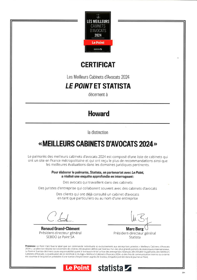 Certificat "meilleurs cabinet d'avocats 2024" pour Howard, cabinet d'avocat spécialisé en droit du travail